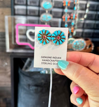 Load image into Gallery viewer, Blue Magnesite Turquoise &amp; Red Cluster Stud Earrings