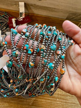 Load image into Gallery viewer, Mixed Turquoise &amp; Spiny Oyster Necklace – 3mm Sterling Silver Pearls