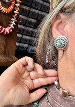Load image into Gallery viewer, Concho Earrings – Kingman Turquoise &amp; Sterling Silver