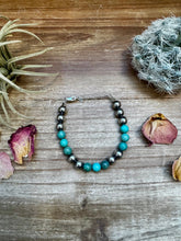 Load image into Gallery viewer, 8 mm Sterling Silver Pearls bracelet with round turquoise