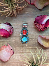 Load image into Gallery viewer, Red Spiny Oyster &amp; Golden Hills Turquoise Sterling Silver Pendant – Stamped Gilbert Nez