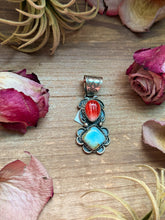 Load image into Gallery viewer, Red Spiny Oyster &amp; Golden Hills Turquoise Sterling Silver Pendant – Stamped Gilbert Nez
