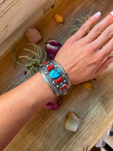 Load image into Gallery viewer, Coral &amp; Turquoise Sterling Silver Cuff Bracelet – Stamped Errick