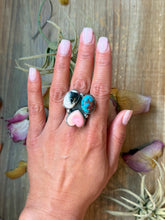 Load image into Gallery viewer, Pink Conch, Kingman Turquoise &amp; White Buffalo Sterling Silver Ring – Adjustable (Size 9+)