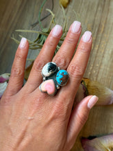Load image into Gallery viewer, Pink Conch, Kingman Turquoise &amp; White Buffalo Sterling Silver Ring – Adjustable (Size 9+)