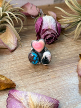 Load image into Gallery viewer, Pink Conch, Kingman Turquoise &amp; White Buffalo Sterling Silver Ring – Adjustable (Size 9+)