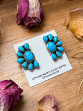 Load image into Gallery viewer, Sterling Silver Kingman Turquoise Half Cluster Earrings – Native Made by E. Richards (Navajo Artist)