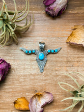 Load image into Gallery viewer, Sterling Silver Longhorn Pendant with Golden Hill Turquoise – Native Made by Leroy James (Navajo Artist)