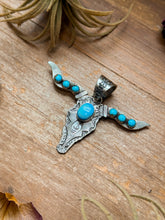 Load image into Gallery viewer, Sterling Silver Longhorn Pendant with Golden Hill Turquoise – Native Made by Leroy James (Navajo Artist)