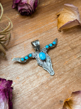 Load image into Gallery viewer, Sterling Silver Longhorn Pendant with Golden Hill Turquoise – Native Made by Leroy James (Navajo Artist)