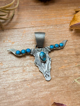 Load image into Gallery viewer, Sterling Silver Longhorn Pendant with Kingman Turquoise – Native Made by Leroy James (Navajo Artist)