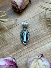 Load image into Gallery viewer, Sterling Silver Black Micarta &amp; Lab Opal Inlay Pendant – Handmade by Artist Shay Pfeiffer