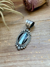Load image into Gallery viewer, Sterling Silver Black Micarta &amp; Lab Opal Inlay Pendant – Handmade by Artist Shay Pfeiffer