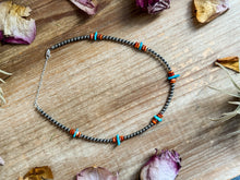 Load image into Gallery viewer, Sterling Silver Pearl Necklace with Orange Spiny Oyster &amp; Sleeping Beauty Turquoise Chips – 14.5”