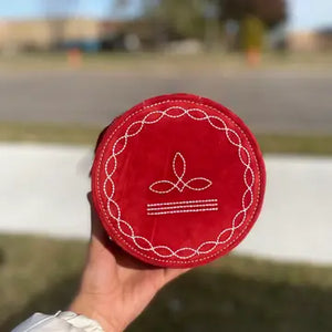 Red Bootstitch Round Suede Tooled Leather Jewelry Box