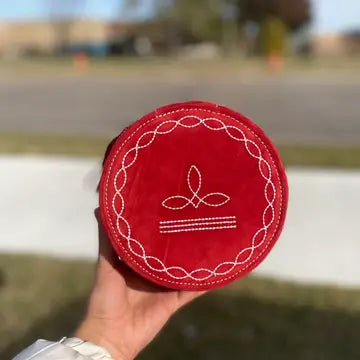 Red Bootstitch Round Suede Tooled Leather Jewelry Box