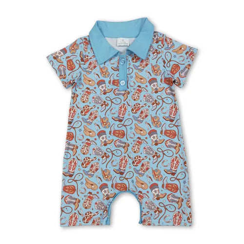 Short Sleeves Boots Hat Western Boy Polo Romper